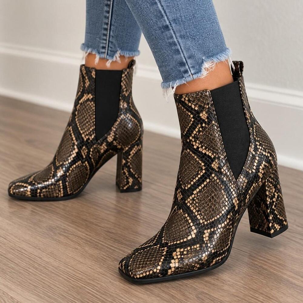 Brown and tan snake print boots